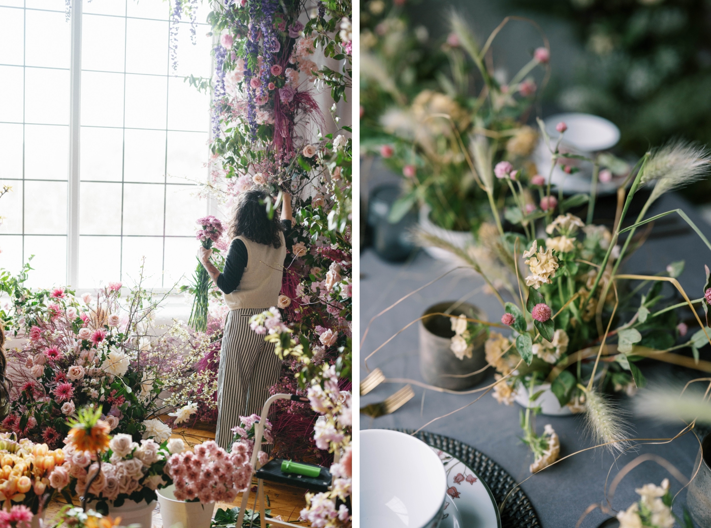 A woman with curly brown hair designs a sustainable floral installation with no floral foam