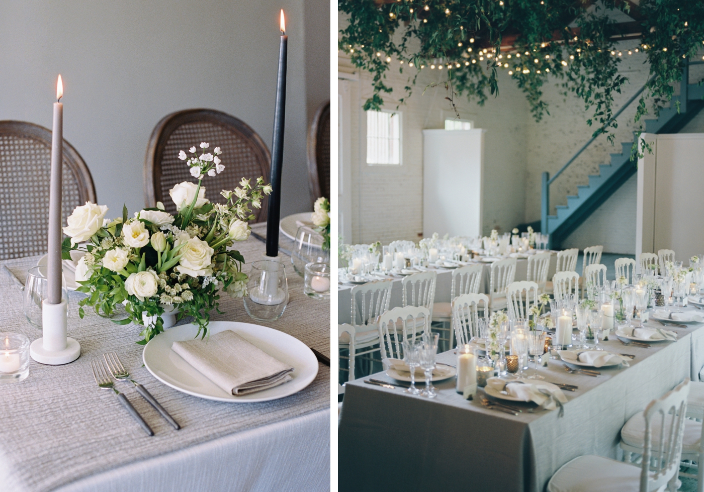 A wedding reception with white rose centerpieces