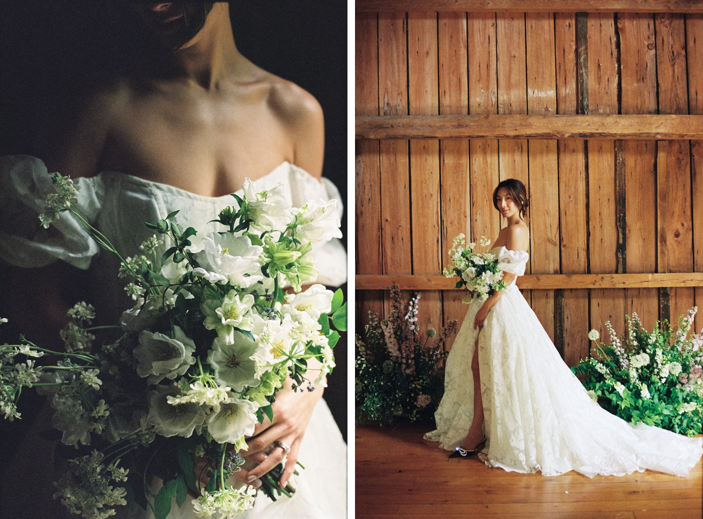 A bride in an off-the-shoulder gown holding an overflowing bouquet at the Barn on Walnut Hill 