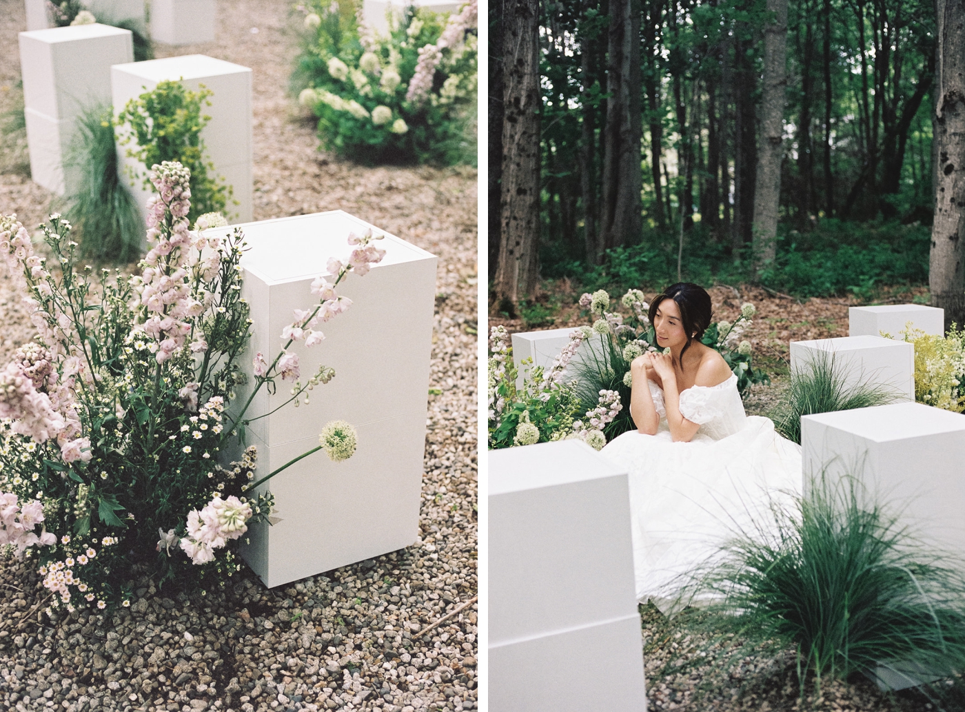Short white pillars covered with lilac flowers and local seasonal grasses 