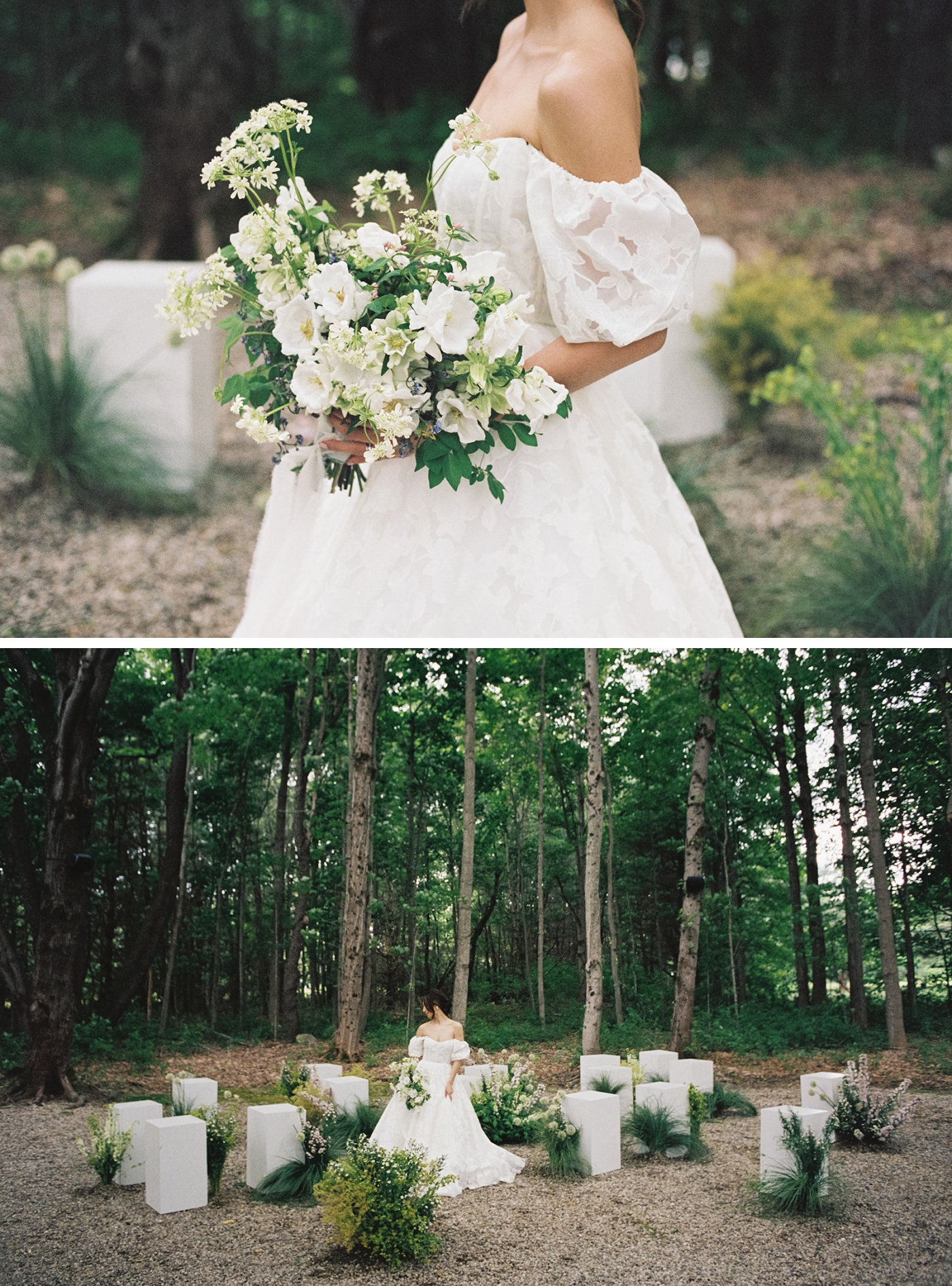 A bride standing among short white pillars covered with flowers at the Barn on Walnut Hill in North Yarmouth, Maine