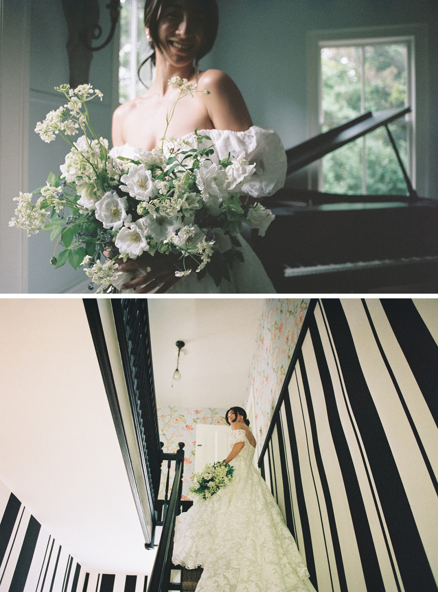 A bride with an overflowing white bouquet standing in front of a black baby grand piano 
