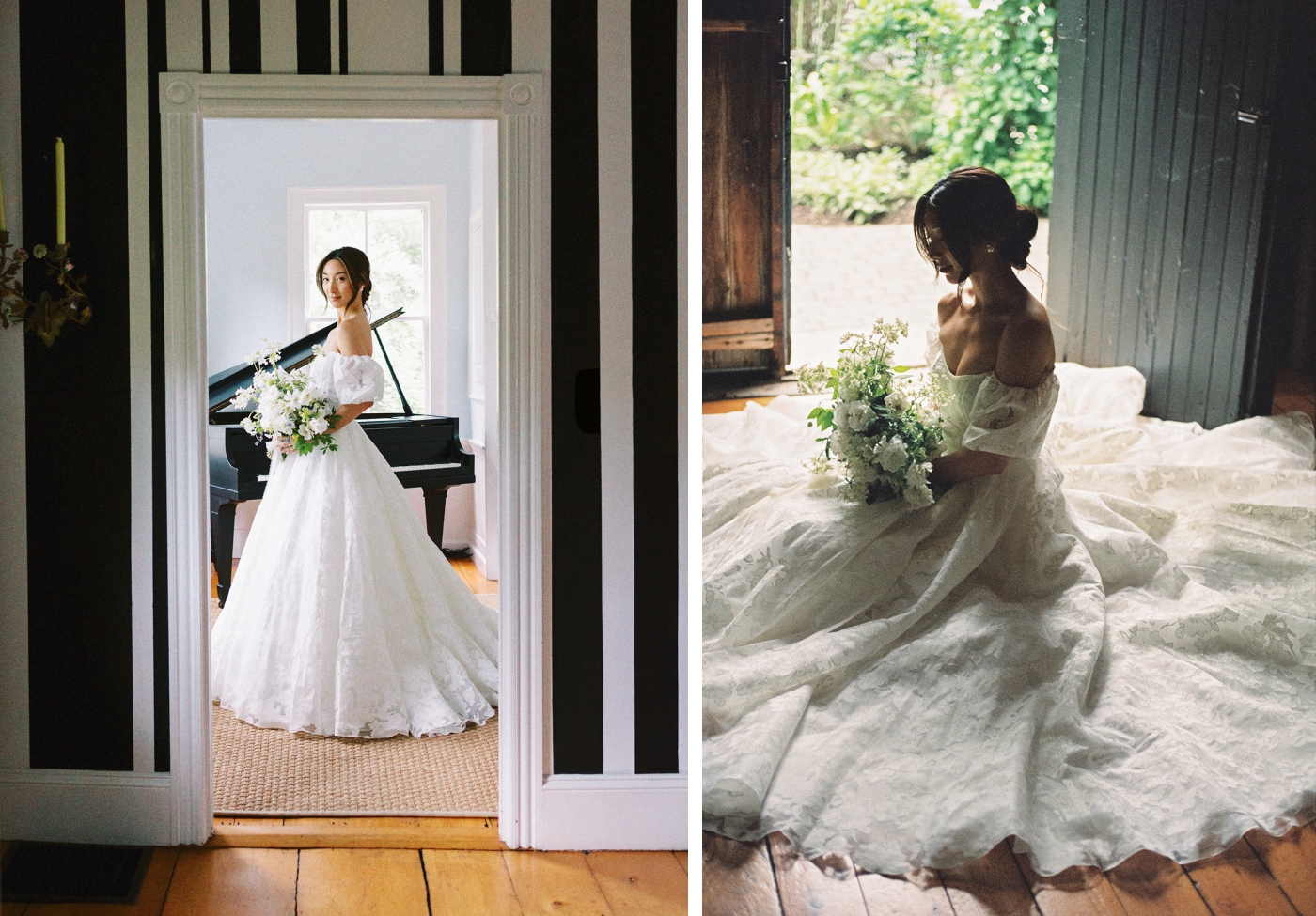A bride framed by a doorway with black and white striped wallpaper 
