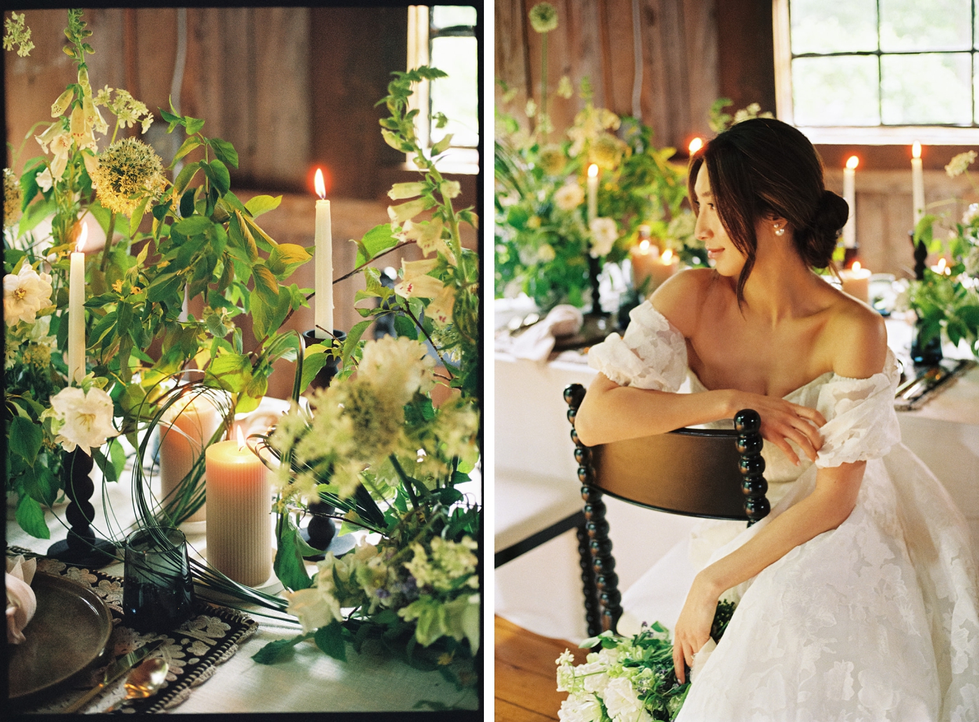 A table with candlesticks and pillar candles lit among flowers, grasses, plates, linen napkins, and a black and white place mat