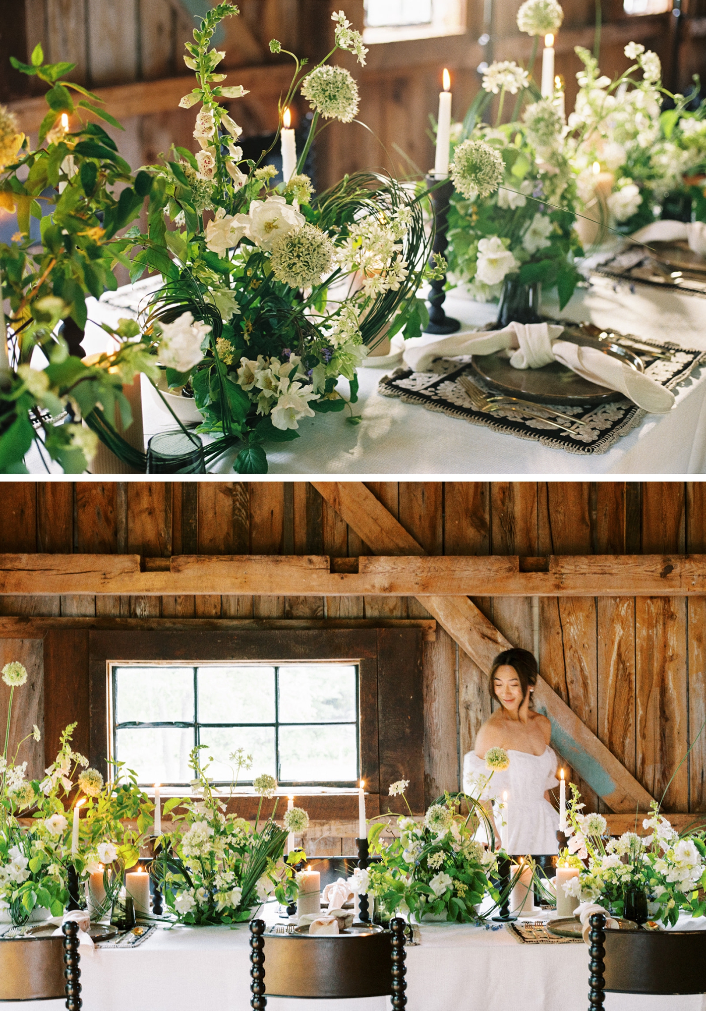 A wedding reception table covered in green grasses and white and blue flowers on white linens 