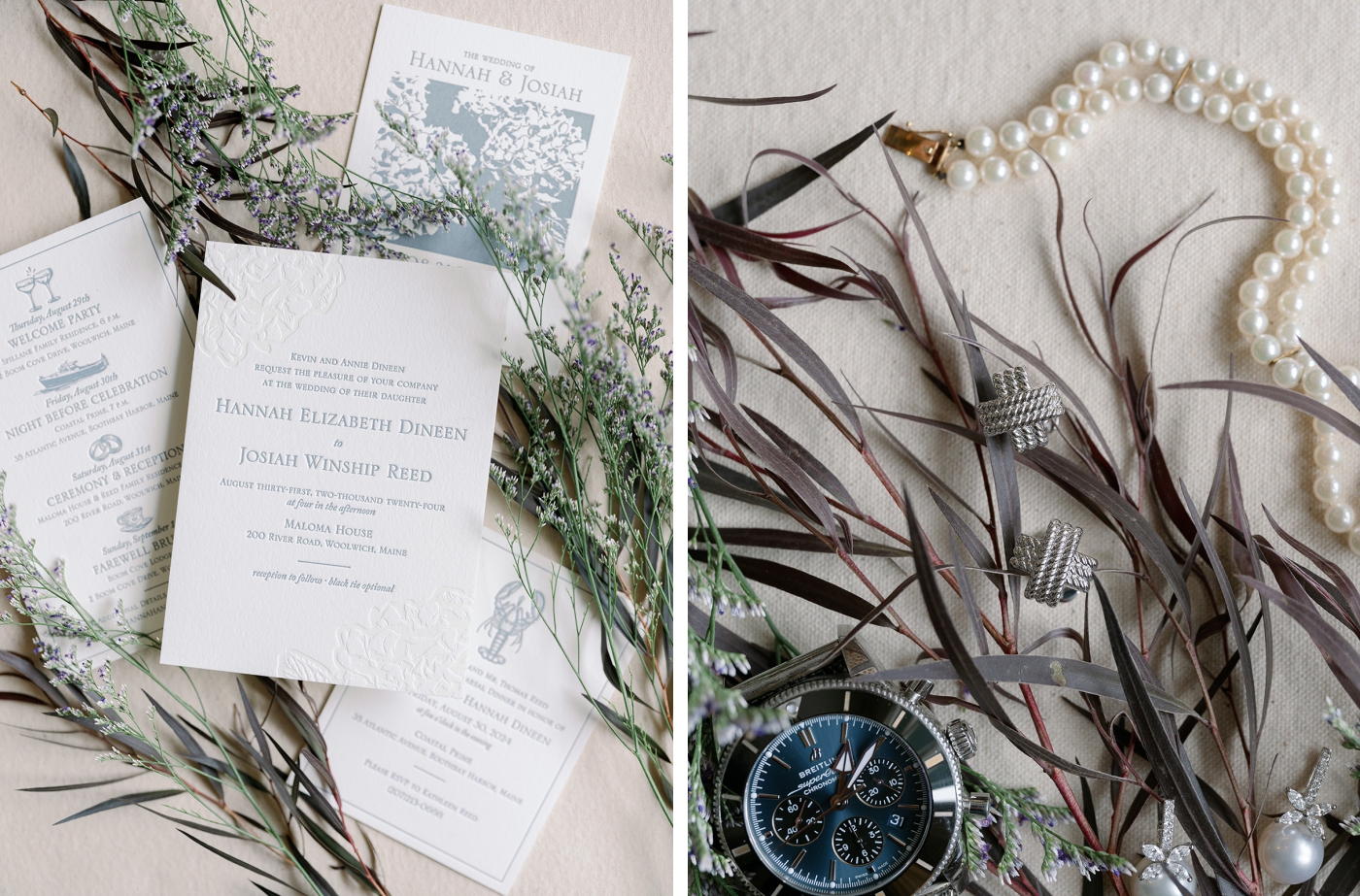 A flat lay of wedding invitations with grass and flowers with a pearl necklace
