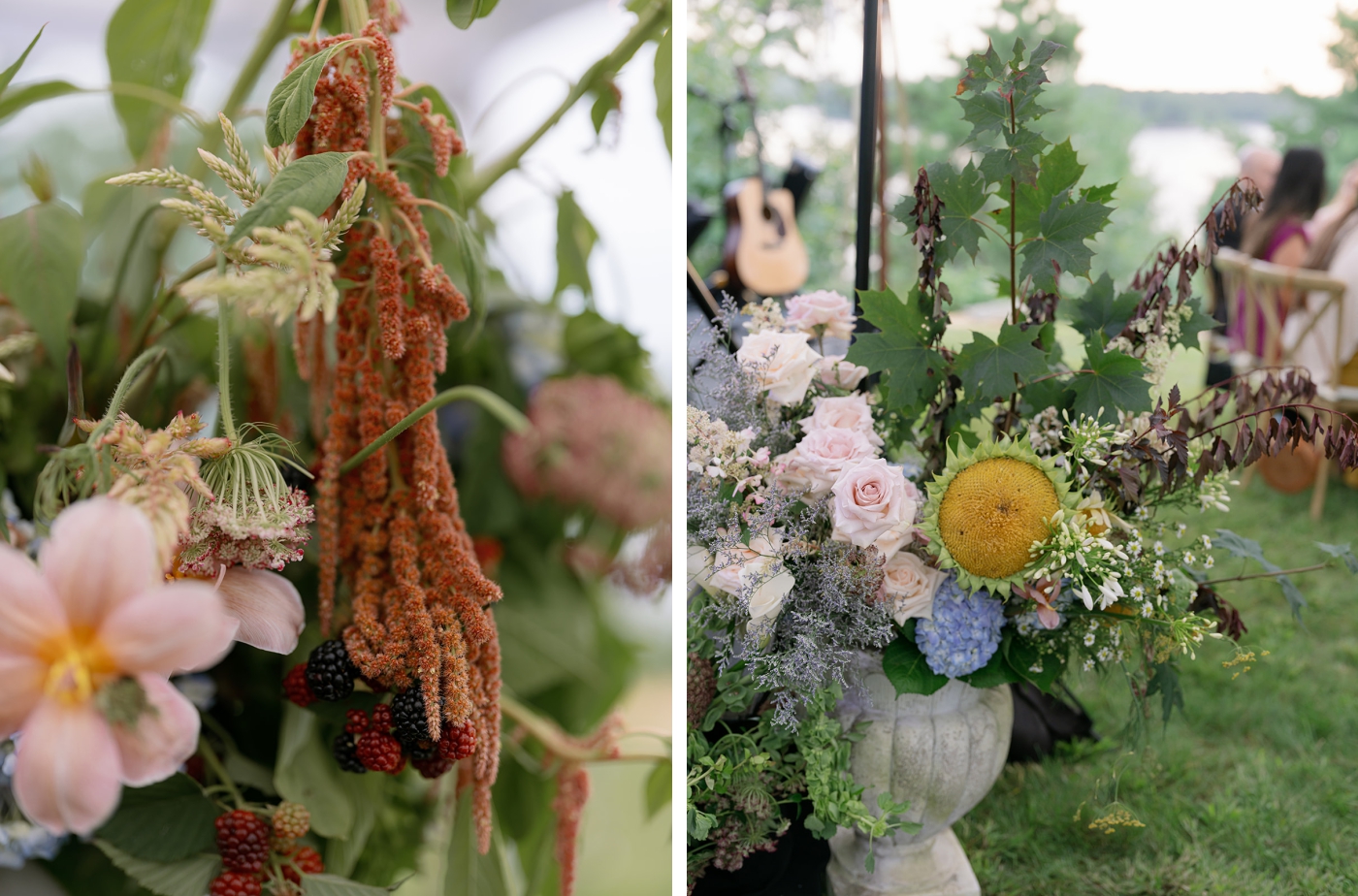 Large aisle flower arrangements with sunflowers, baby's breath, aster, and calla lilies.