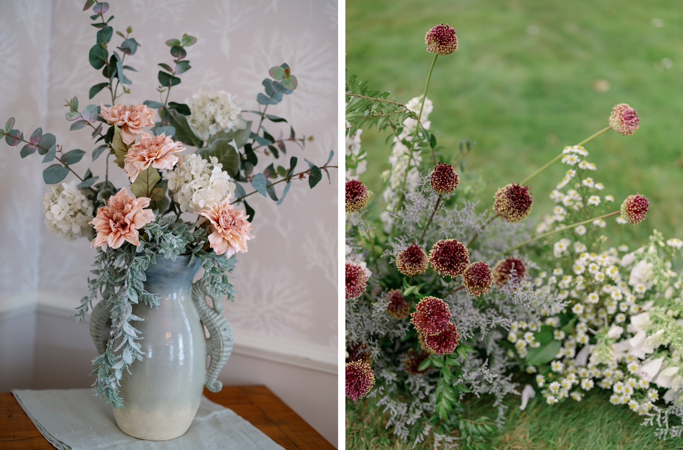 A bouquet of flowers with maroon, white, blush, and blue blooms at a private estate wedding in Maine