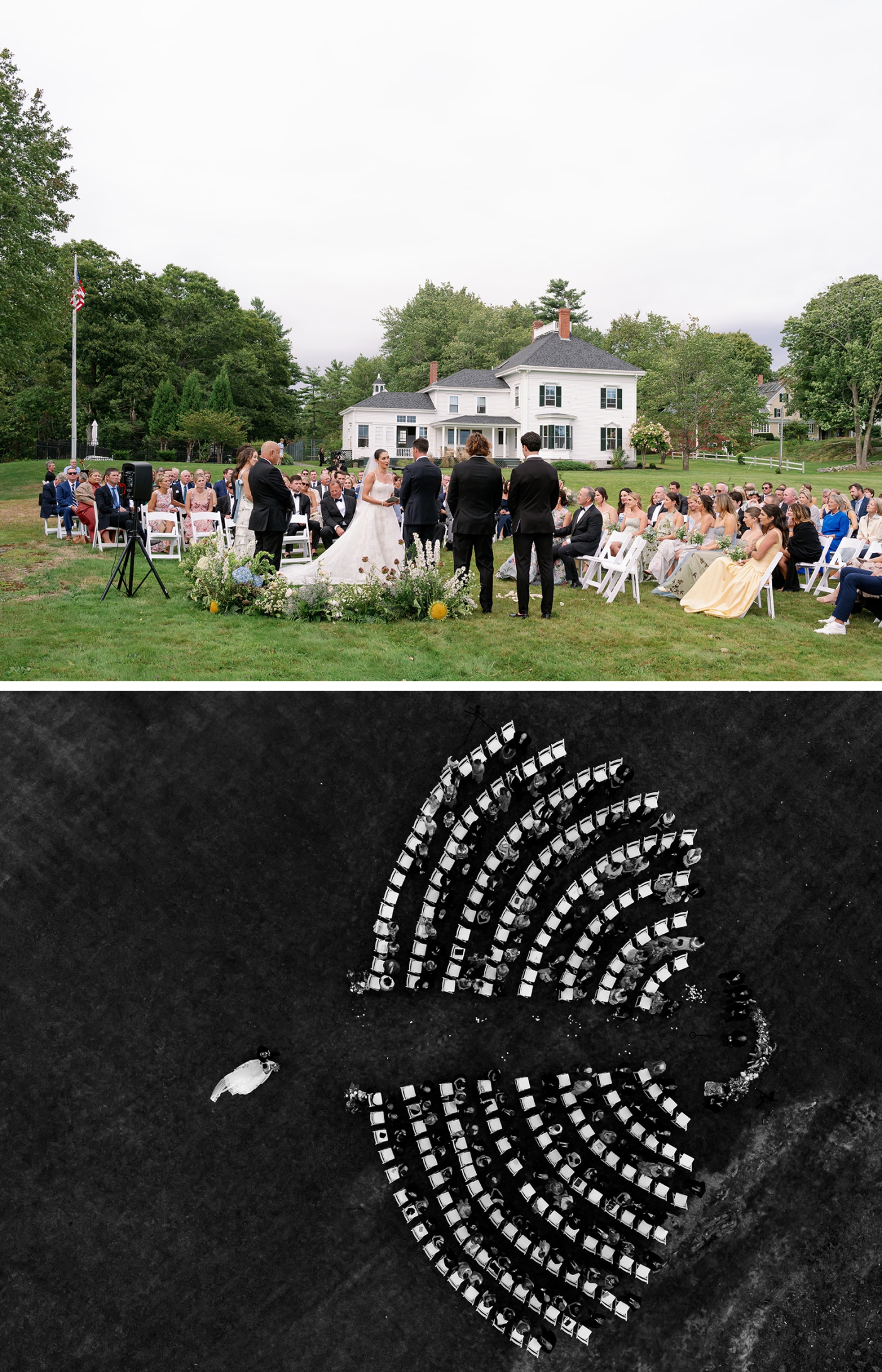 A drone shot of a wedding ceremony while the bride walks down the aisle with her father