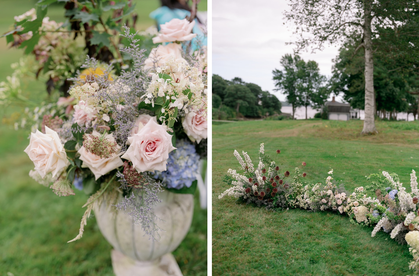 A large floral installation at the top of a wedding aisle at a private estate wedding