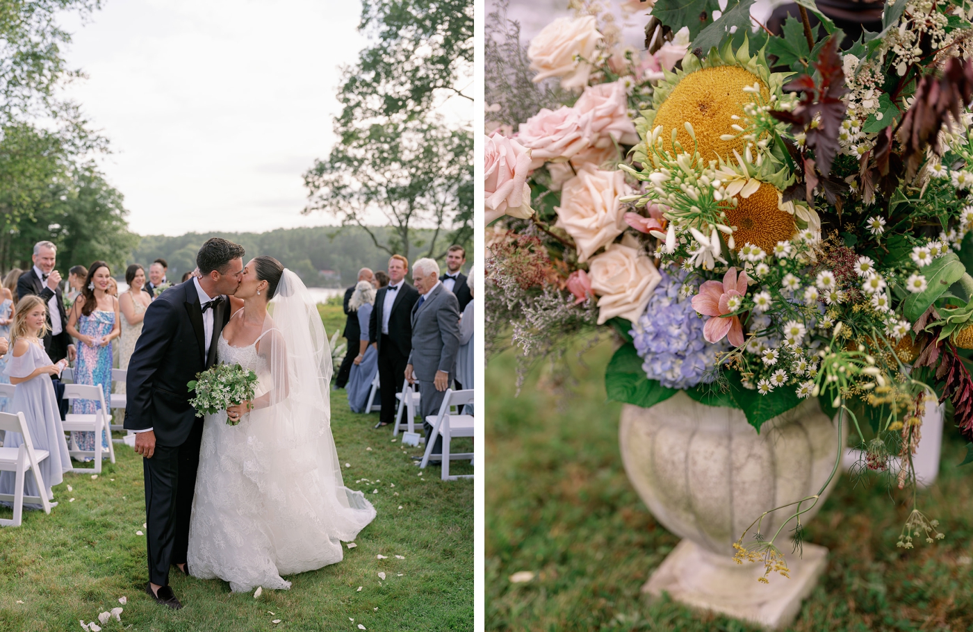 A bride and groom kiss at the end of the aisle after their wedding ceremony on the banks of the Kennebec River