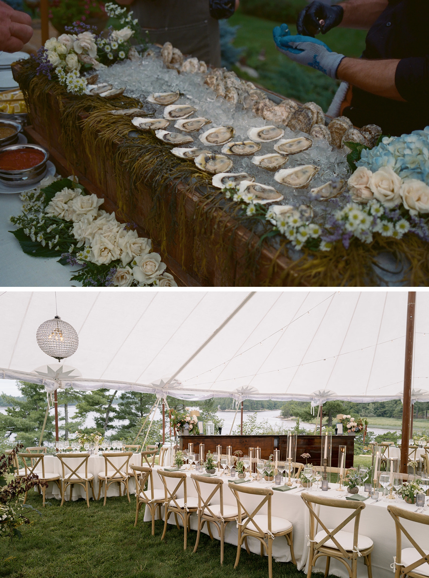 An oyster bar during cocktail hour at a wedding in Maine