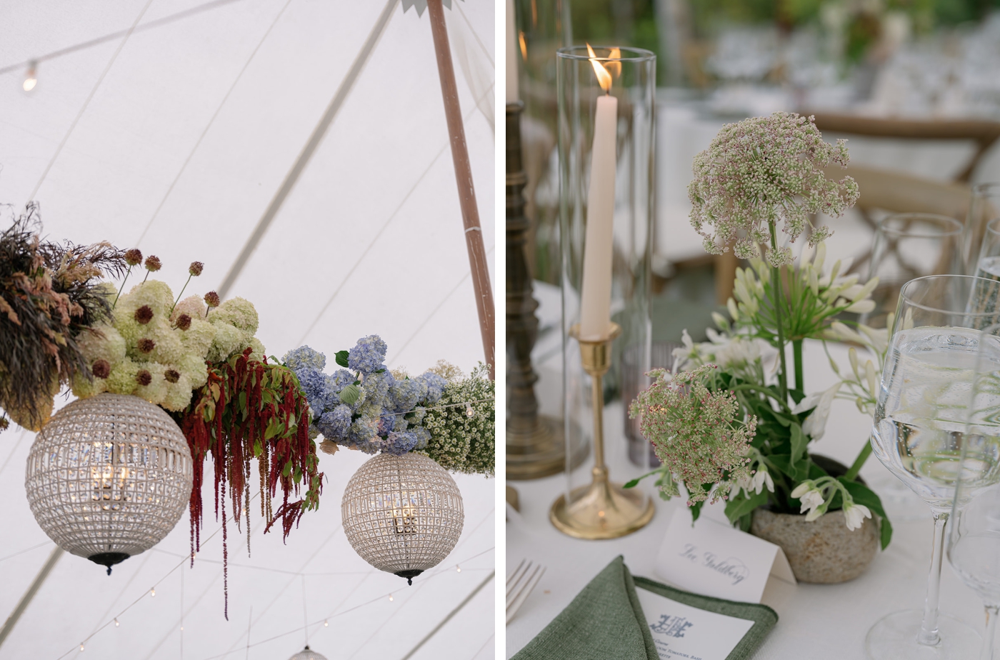 Floral centerpieces and candlesticks at a tented wedding reception