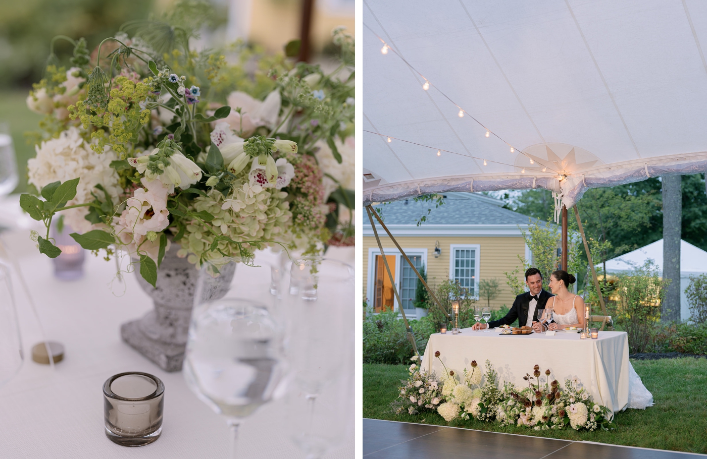 A bride and groom sit at a sweetheart table beneath a sailcloth tent