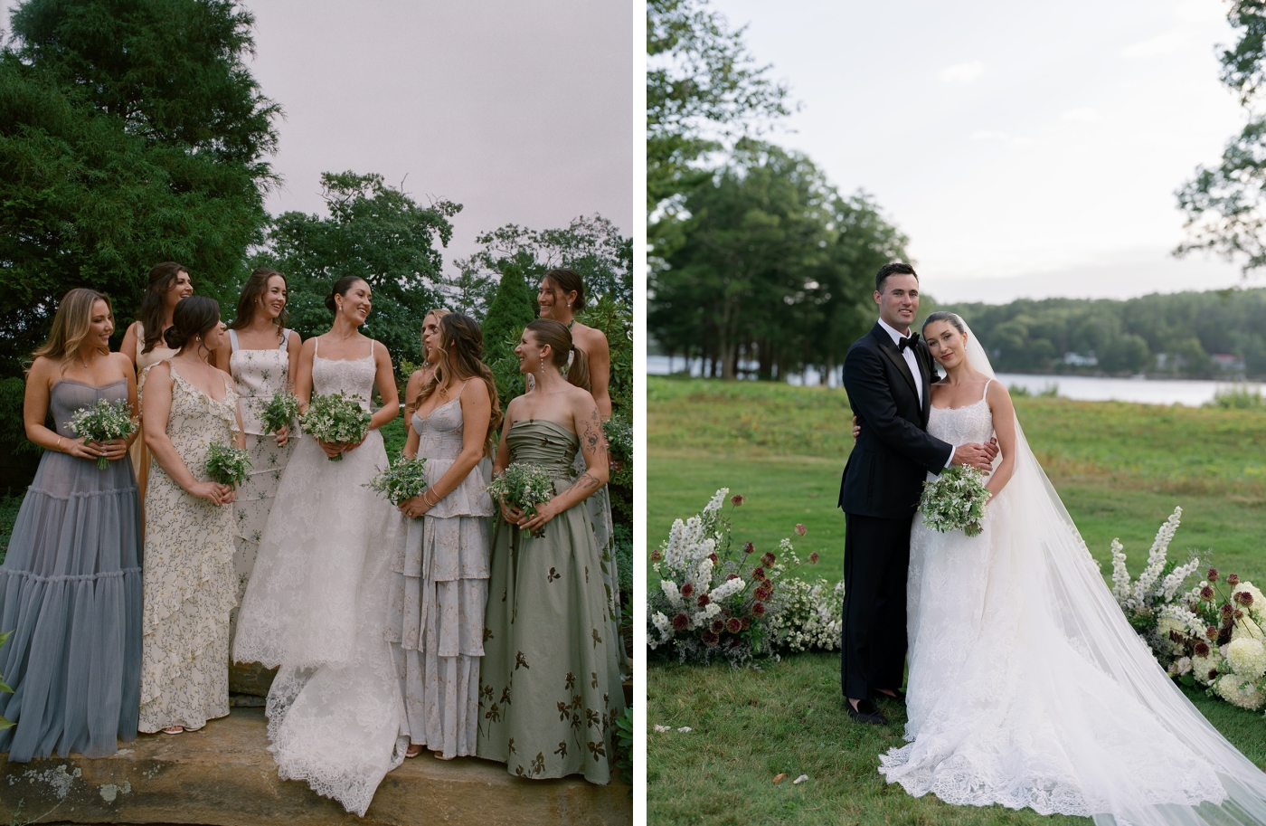 A bride holding a bouquet of multicolored flowers with her bridesmaids in mismatched dresses