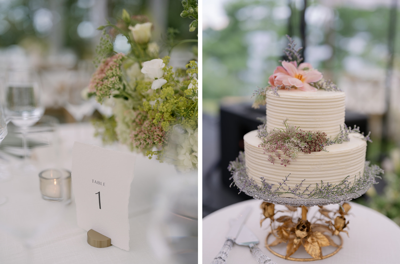 A two-tiered wedding cake decorated with delicate flowers