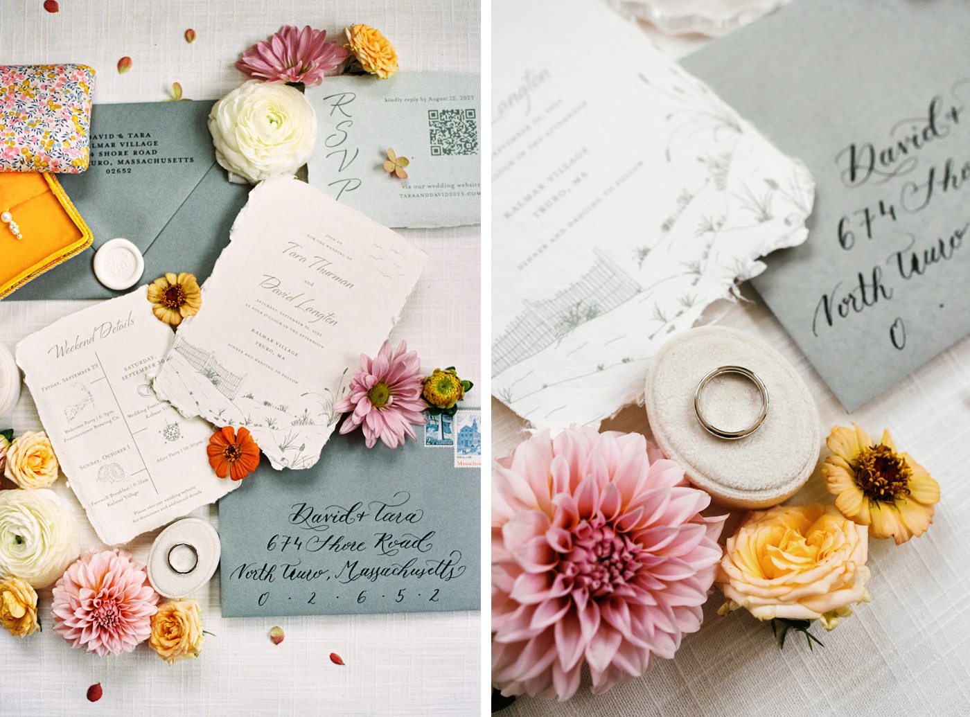A flat lay of wedding invitations for a coastal wedding with yellow and pink dahlias