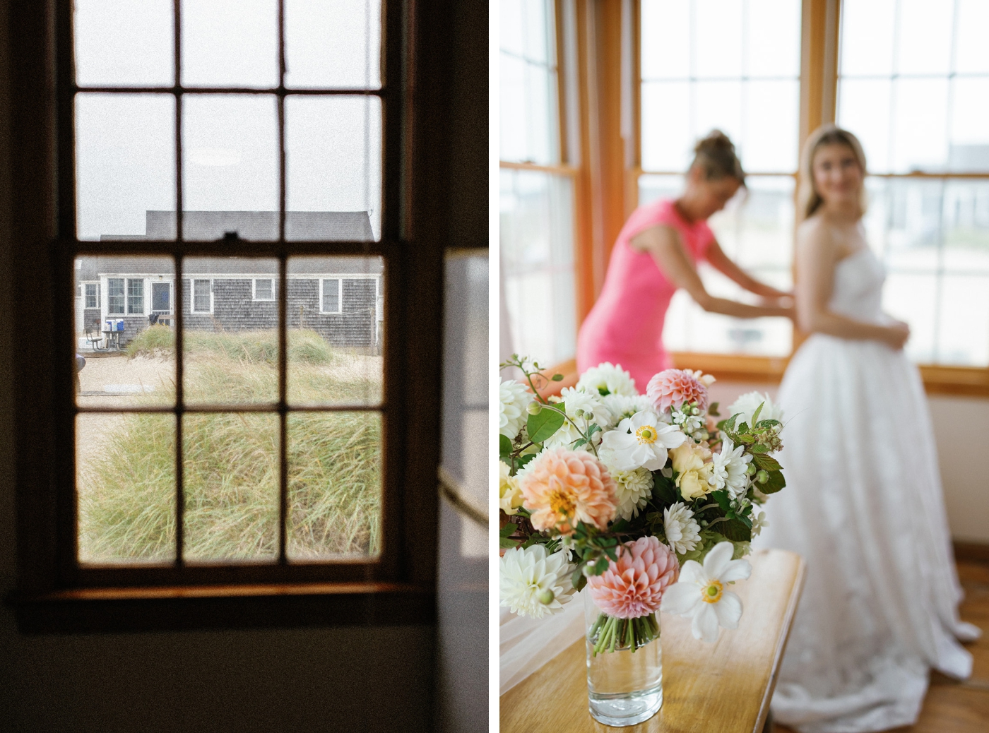The mother of the bride buttons the bride's wedding dress in a cottage at Kalmar Village