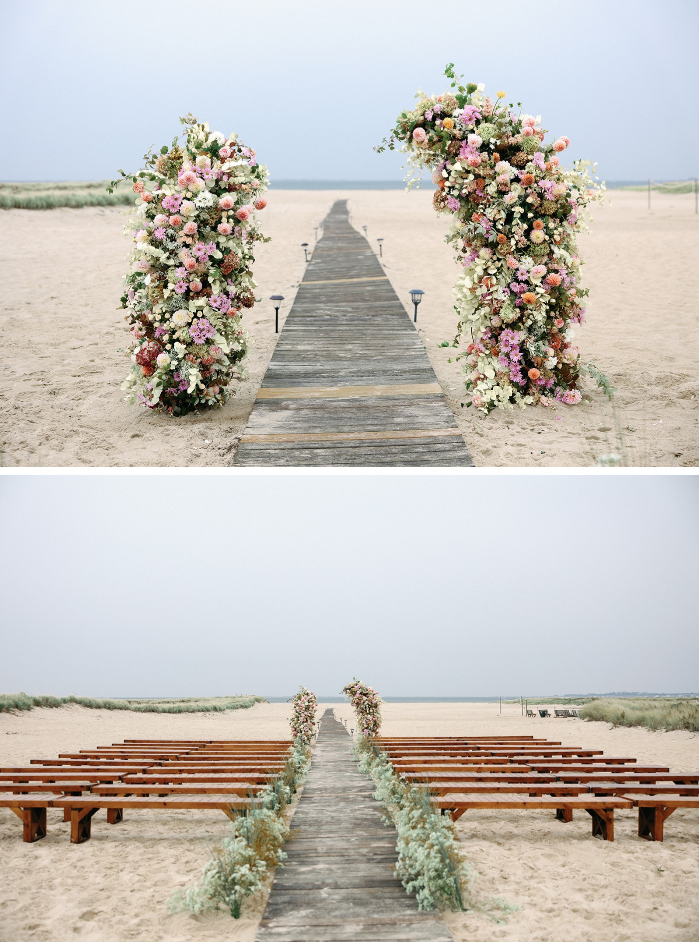 A beach wedding ceremony at Kalmar Village with seasonal grasses lining the aisle and a half arch altar piece