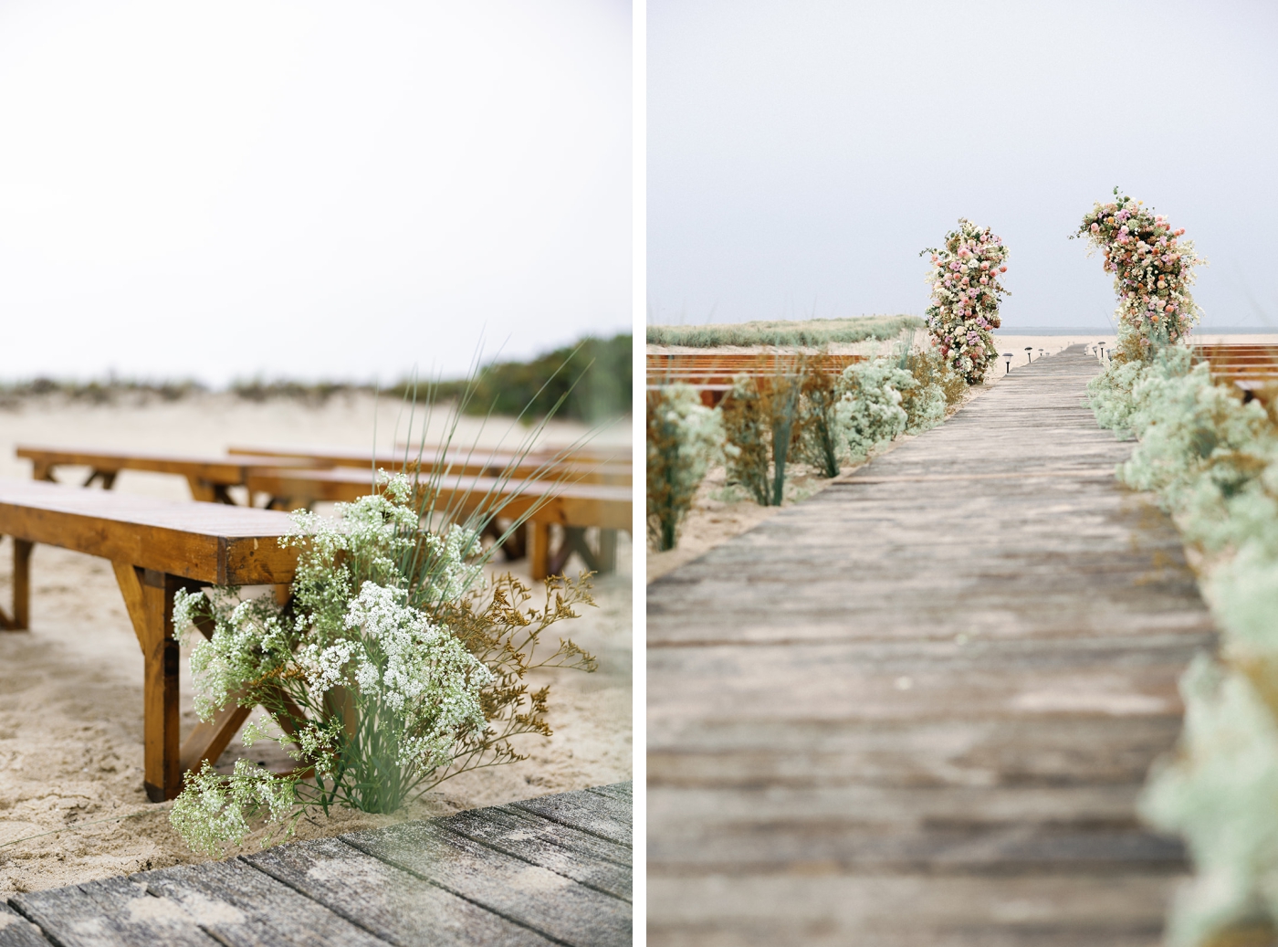 Local grasses and seasonal hops planted in the sand to line a row of benches at a wedding ceremony