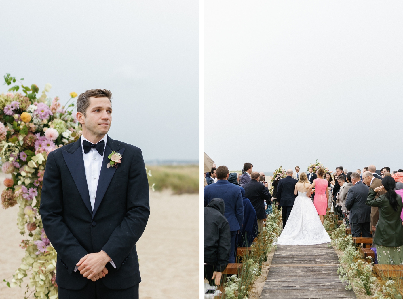 A groom begins to cry as a bride walks down the boardwalk aisle during a beach wedding ceremony