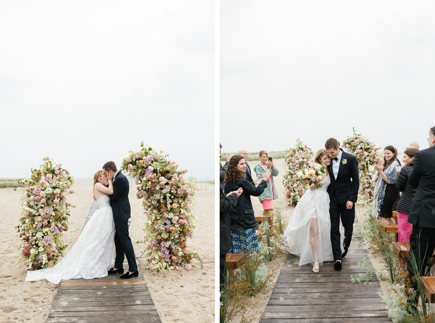 A bride and groom kiss while standing between two large floral installations by Abby Garden