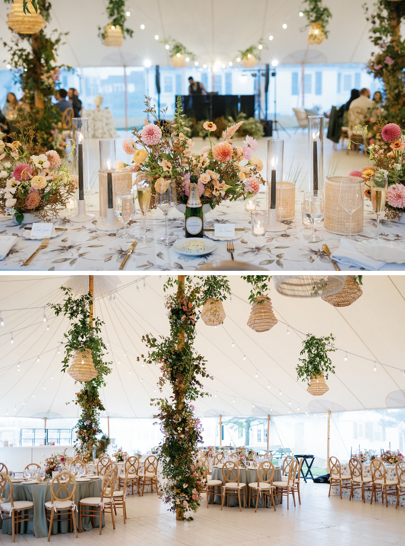 The posts of a sailcloth tent covered in greenery and pastel flowers during a wedding reception
