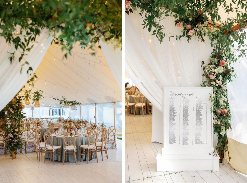 A seating chart in the entrance of a sailcloth tent wedding reception at Kalmar Village