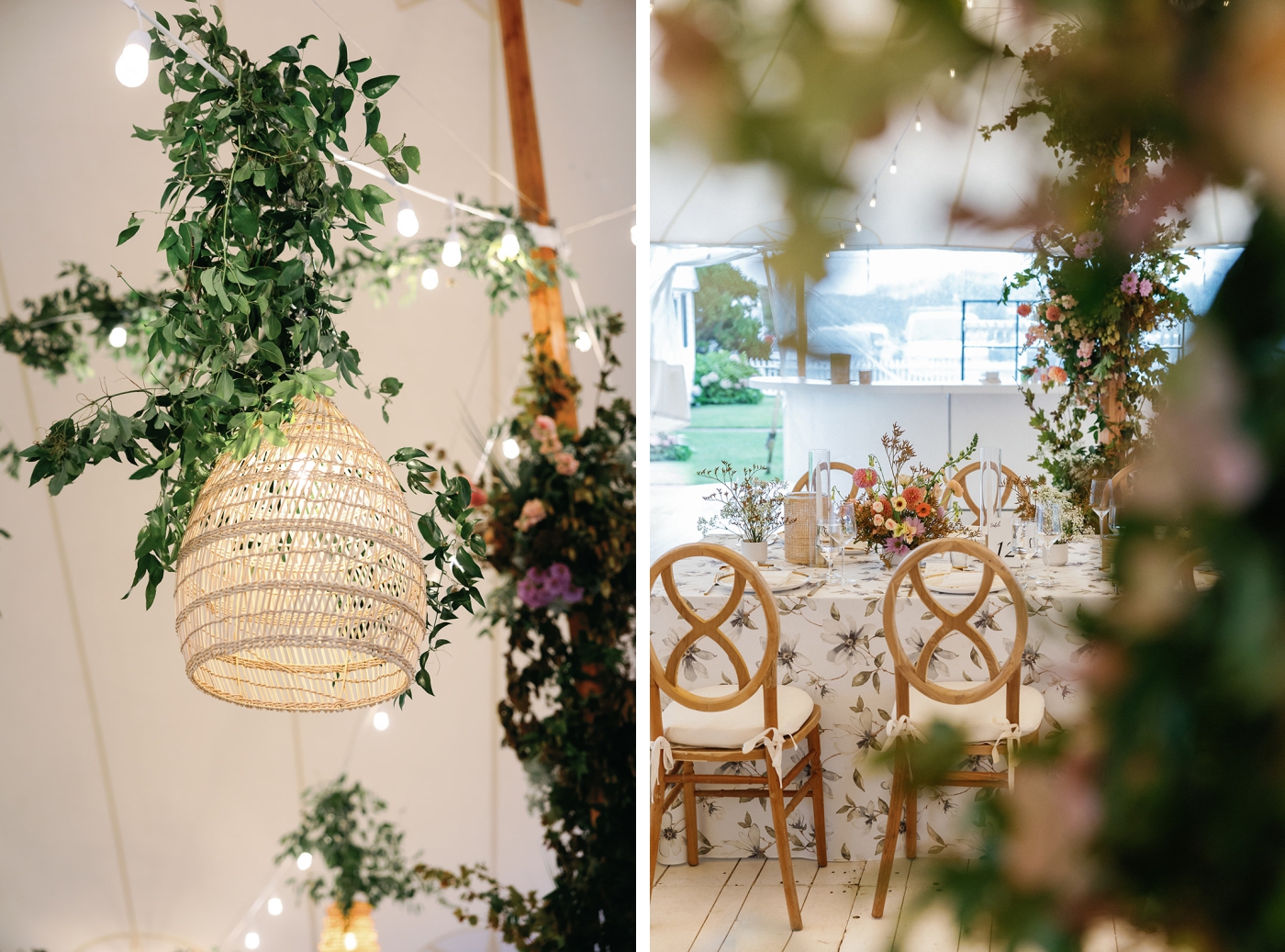 Floral linens over long tables at a wedding reception at Kalmar Village