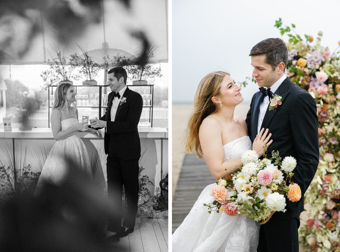 A bride and groom enjoy drinks by the bar at their wedding reception at Kalmar Village