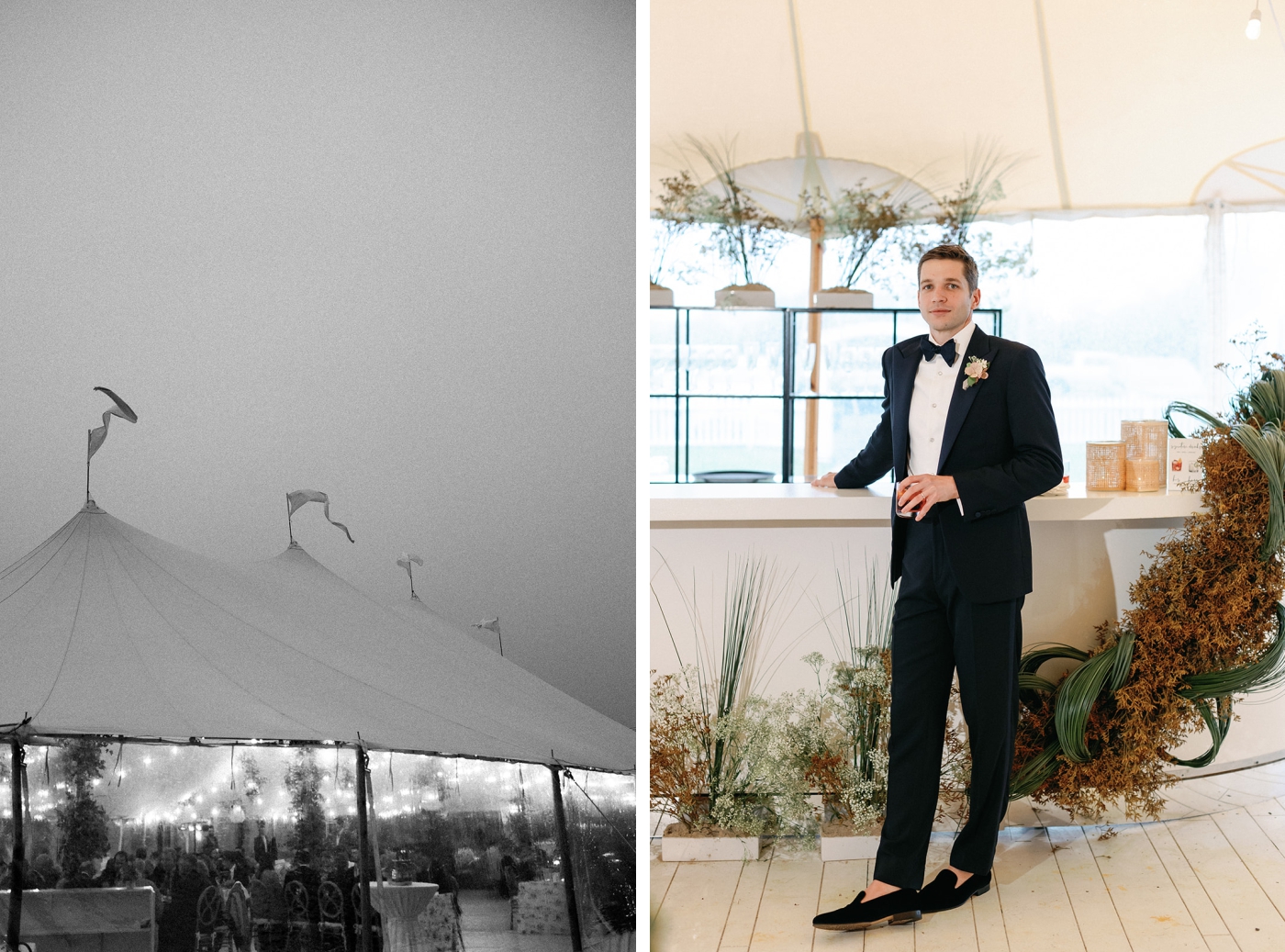 A black and white photo of a sailcloth tent at Kalmar Village 