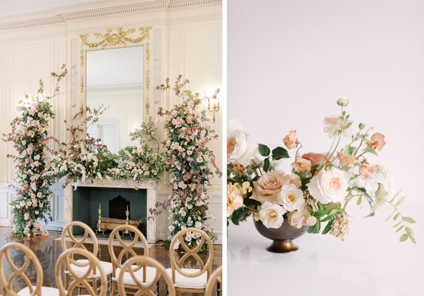 A fireplace covered in pastel blooms held in place by foam free floral mechanics