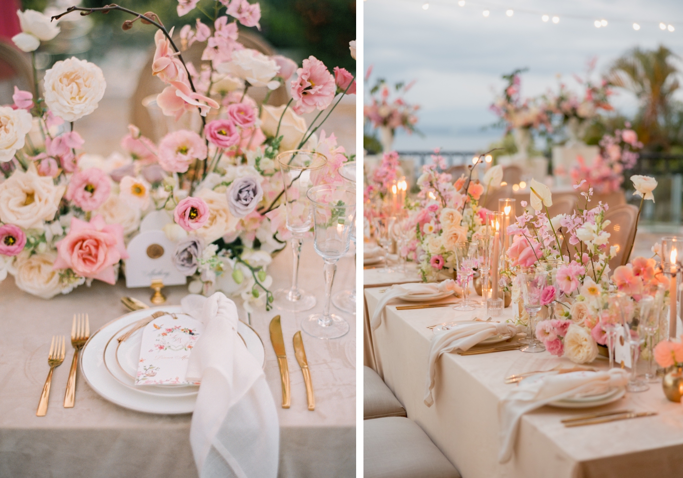 A wedding reception table lined with pink and purple floral centerpieces