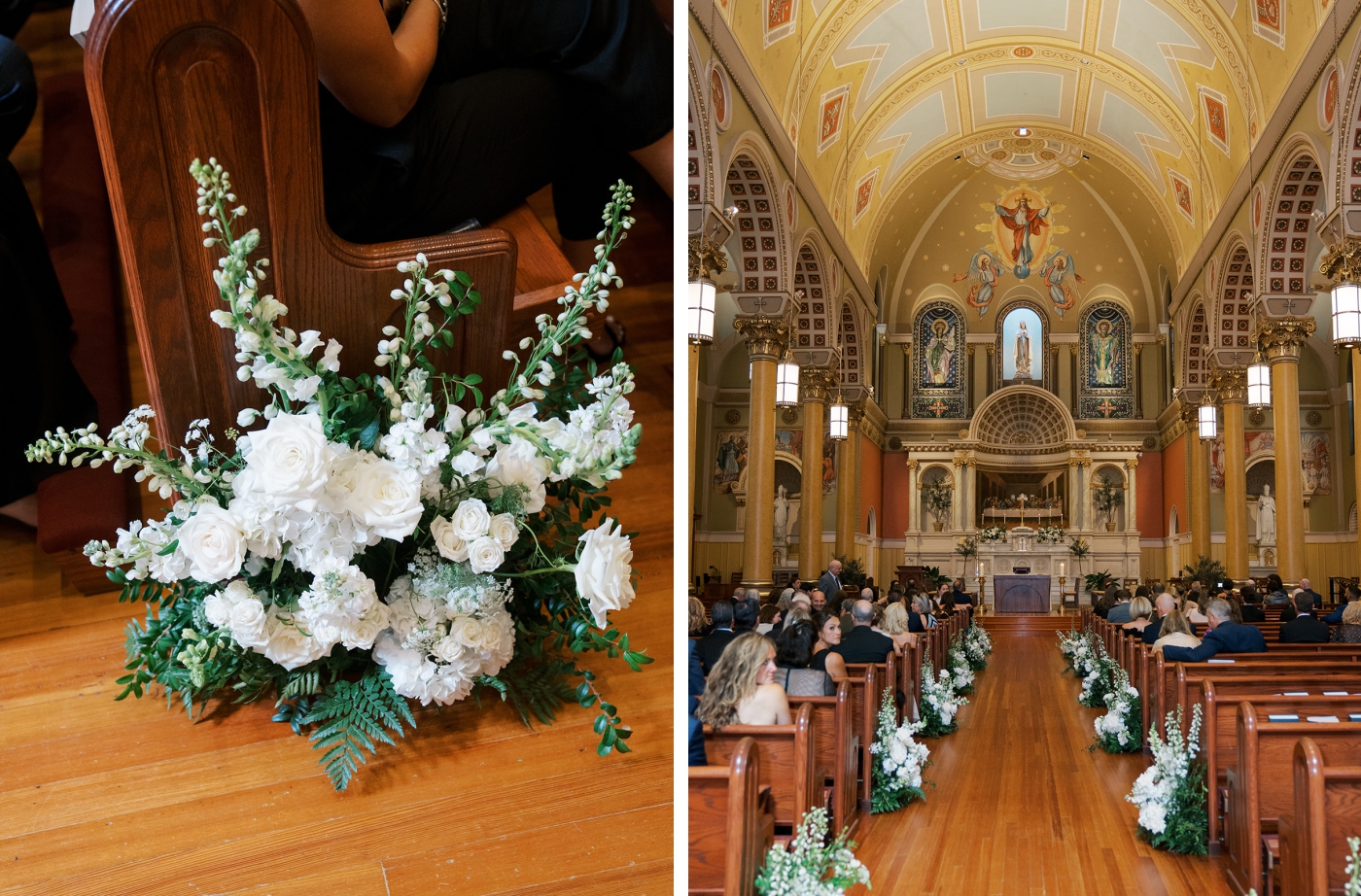 A wedding ceremony in a church with low-lying floral arrangement lining the aisle