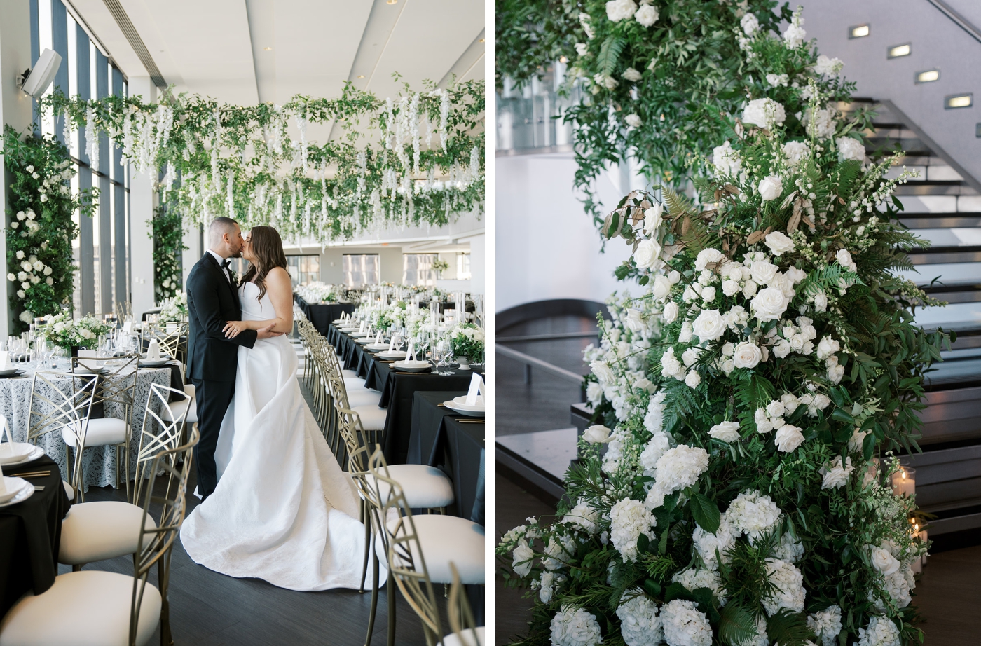 A staircase lined with lush greenery and white flowers, attached with chicken wire and angel vine