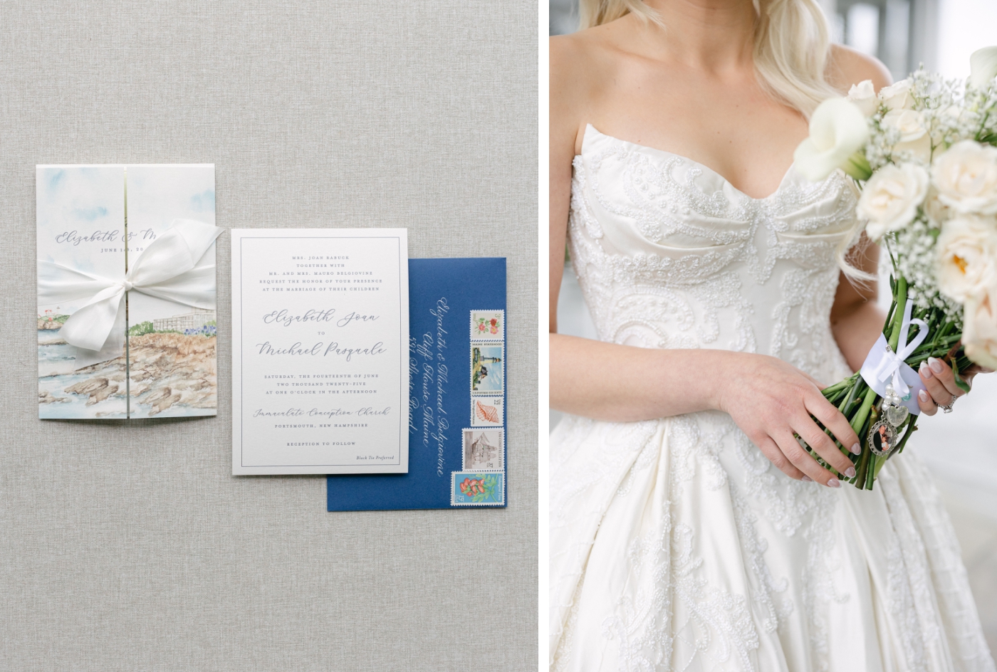 A bride in a beaded sweetheart gown holds a bouquet of white and cream colored roses