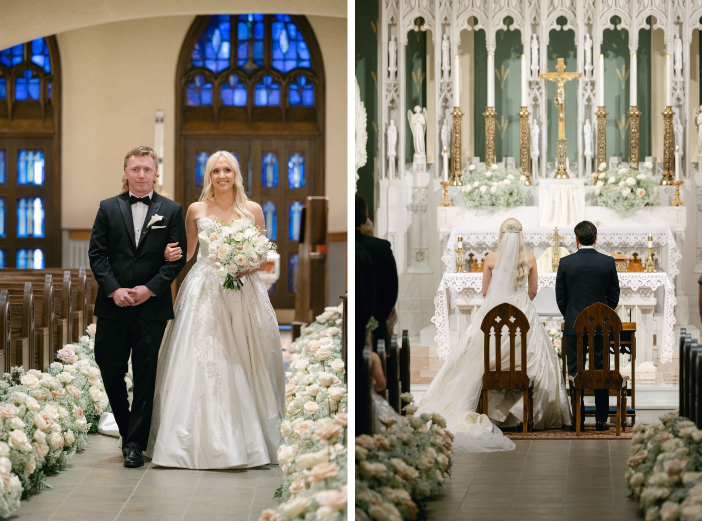 A bride walks down the aisle toward the altar of a catholic church