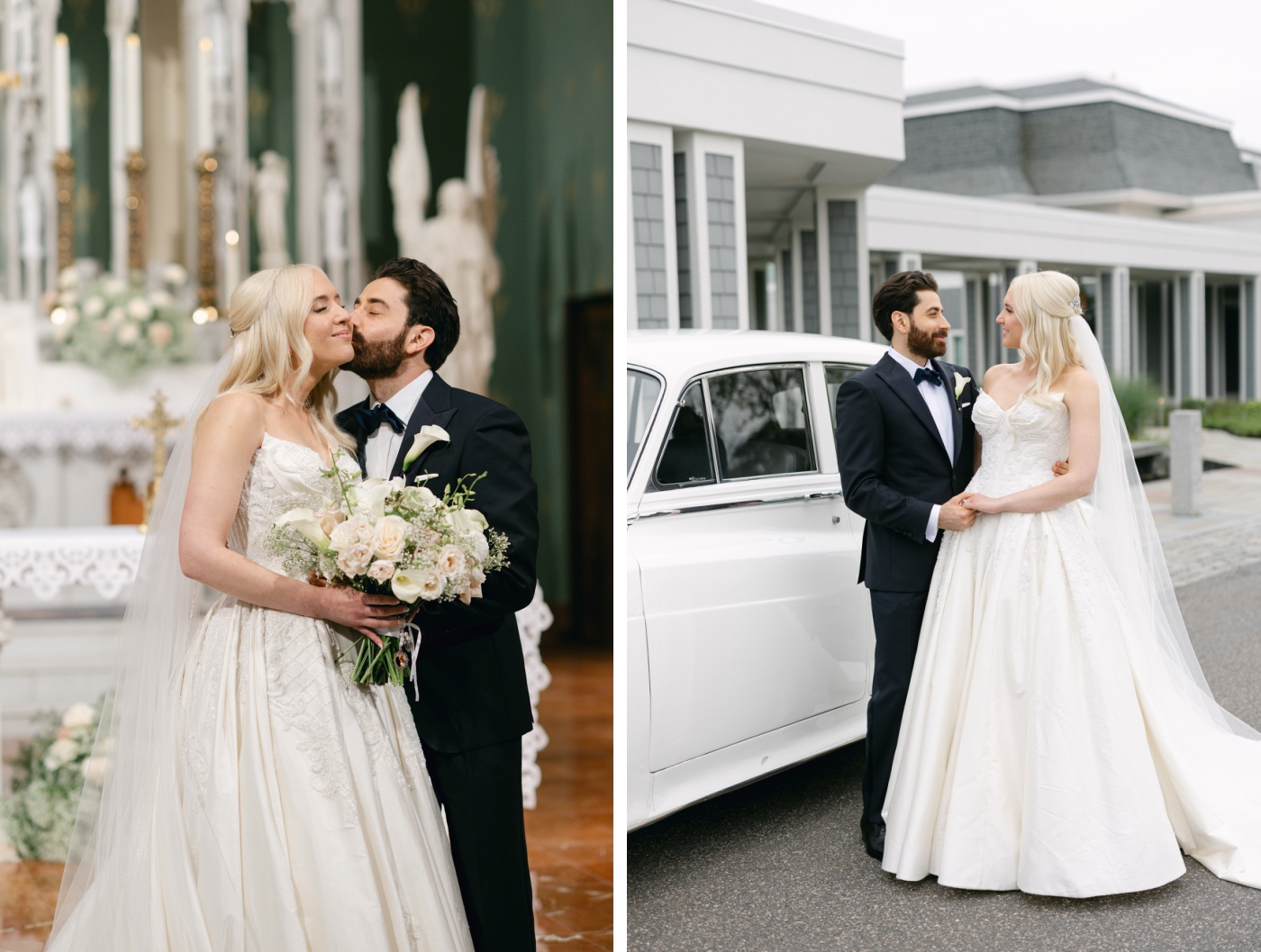 A bride and groom standing outside of The Cliff House with a white vintage car