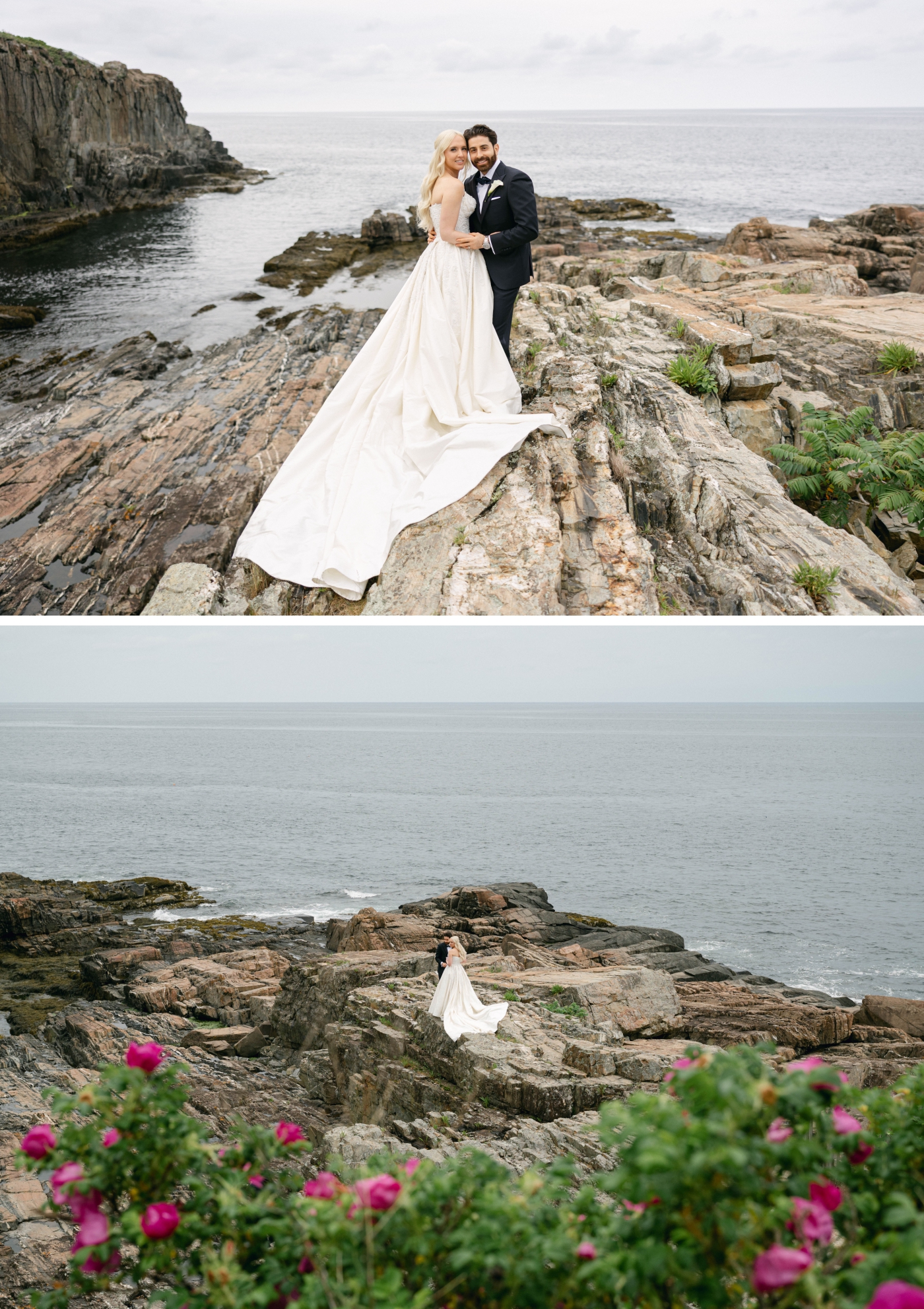 Bride and groom portraits outside of The Cliff House on the rocky shore
