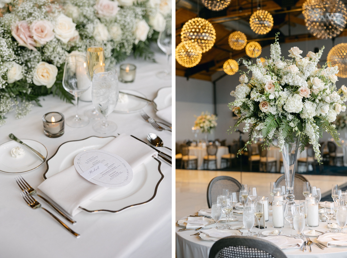 An oversized elevated centerpiece at a wedding reception at The Cliff House