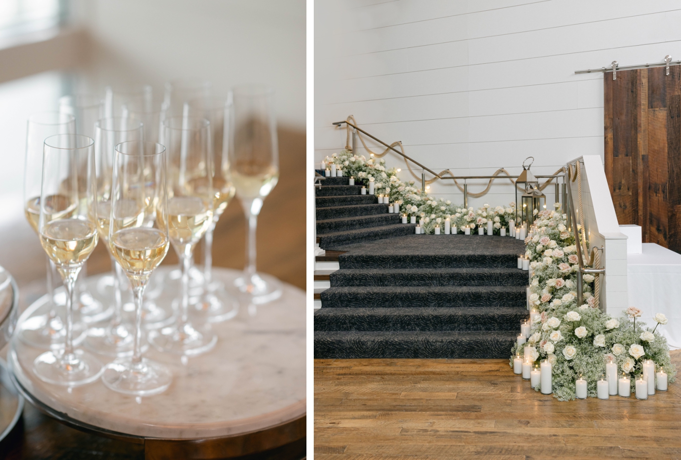 A staircase at The Cliff House lined with white and cream florals, baby's breath, and candles