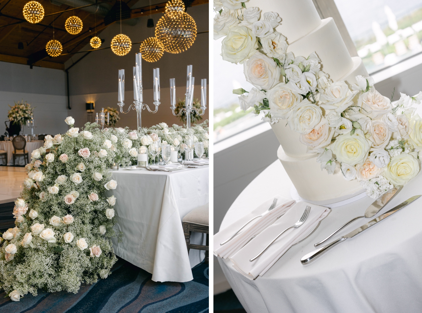 A long rectangular table at a wedding reception, covered in white and cream flowers cascading over the edge of the table onto the floor