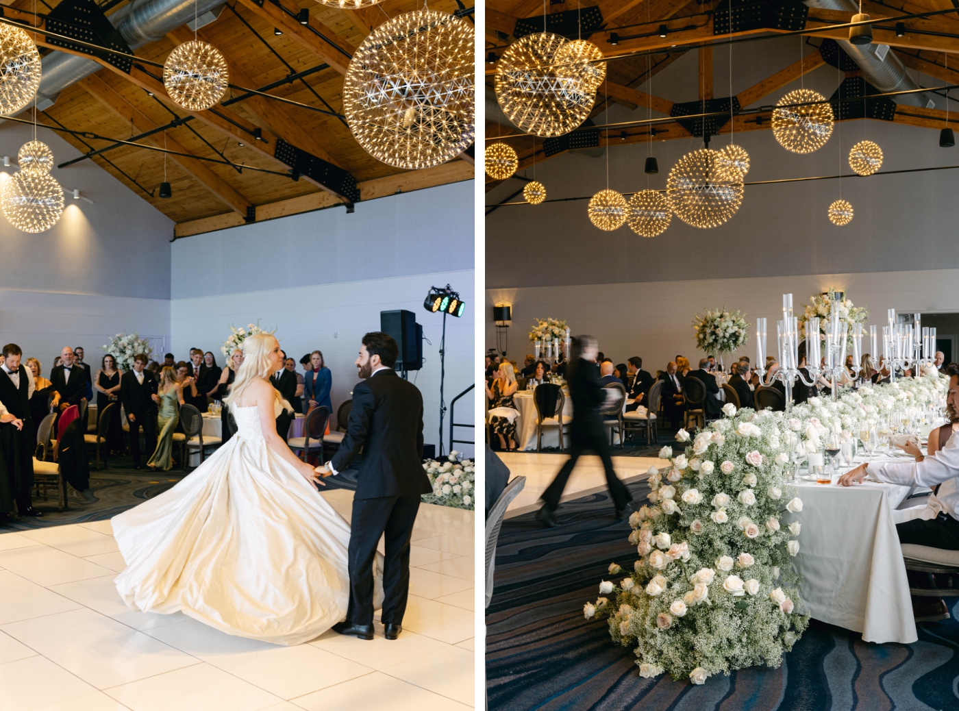 A bride and groom sharing their first dance in the ballroom of the Cliff House in Maine