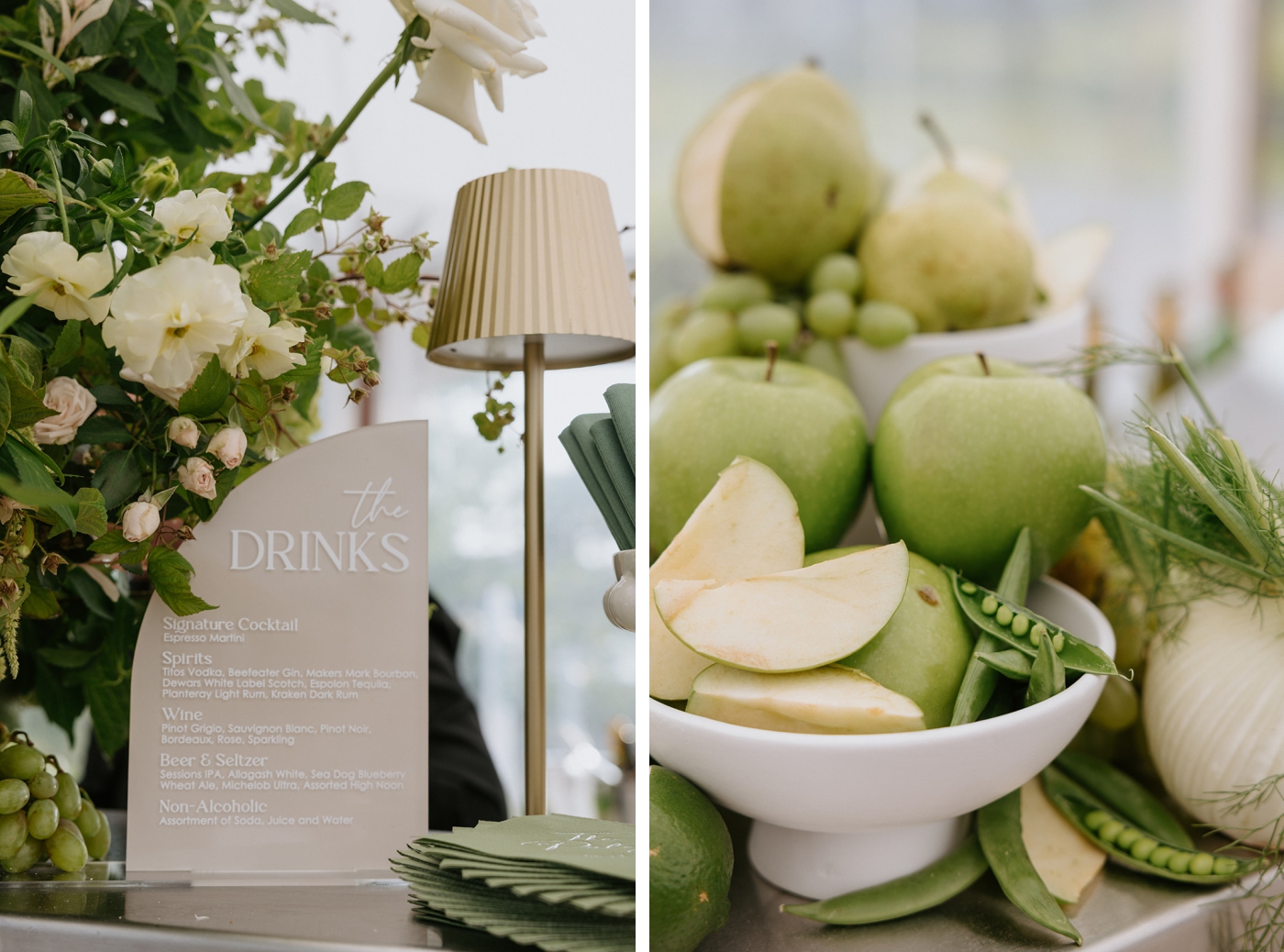 Green apples and peas as part of a floral centerpiece at a wedding