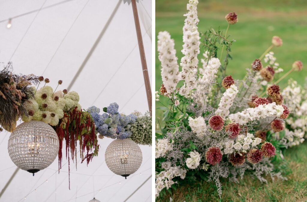 Hanging glass lanters suspended over a dance floor with red, blue, and white flowers