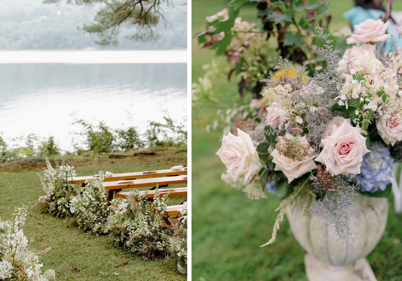 An outdoor wedding ceremony with abstract aisle arrangements leading to the altar