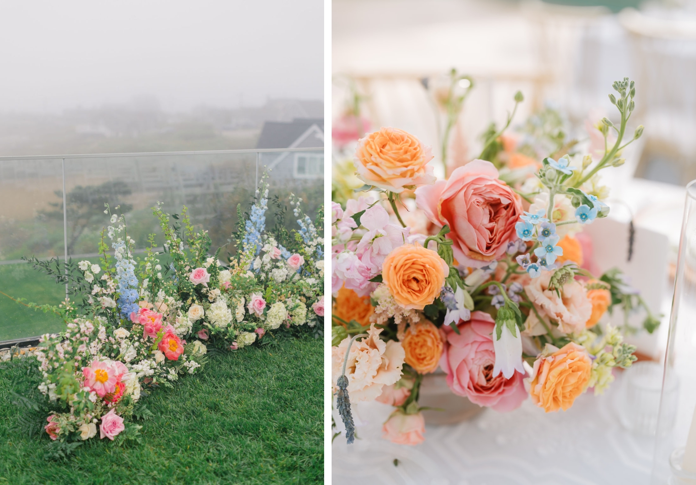 A floral altar piece with pastel blue, pink, and white flowers 