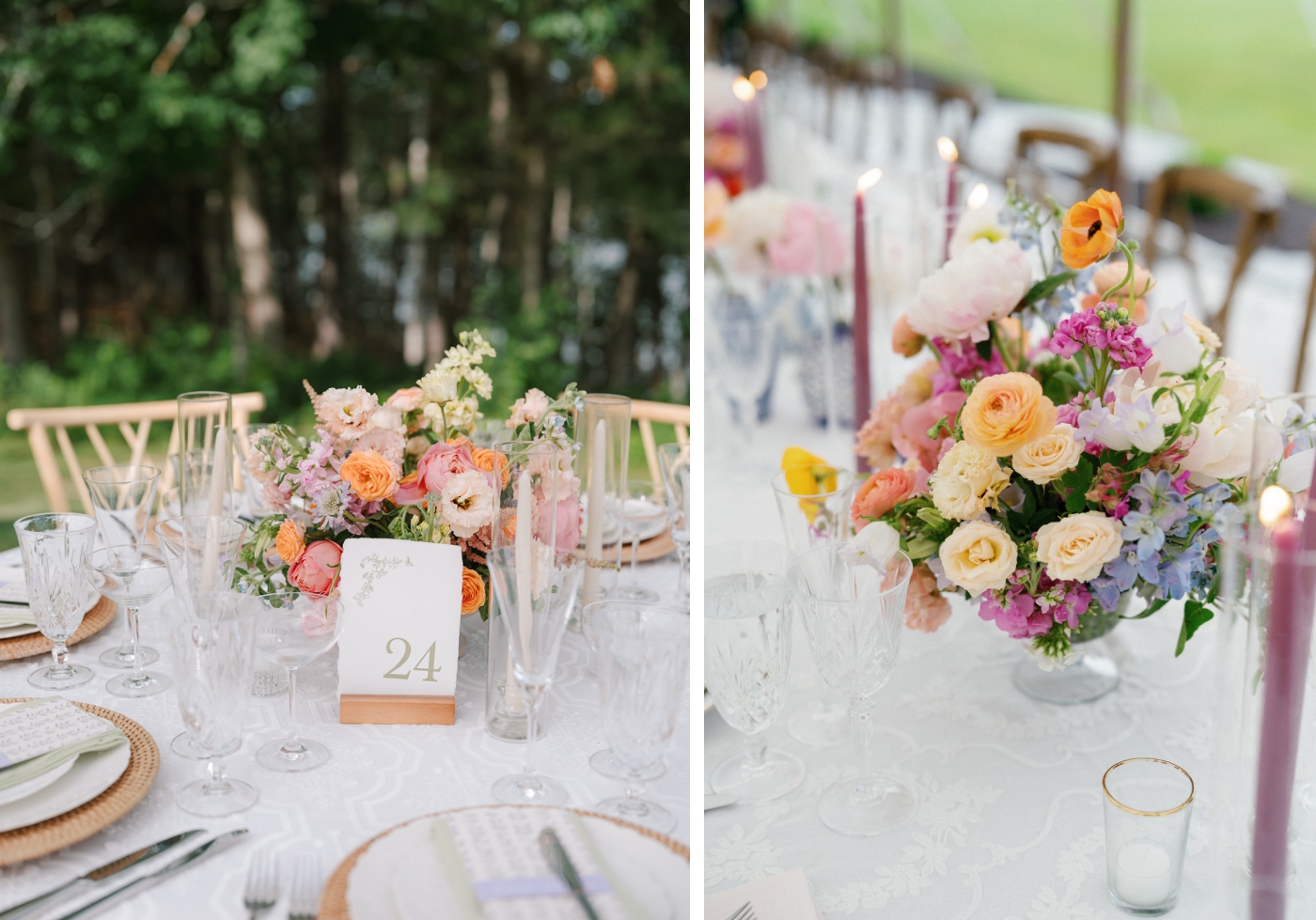 Pastel floral centerpieces at an outdoor wedding reception 