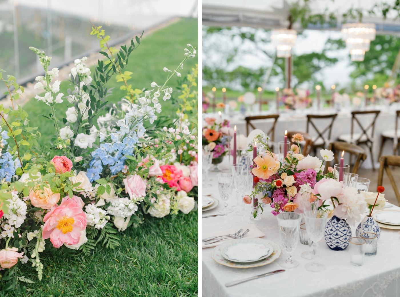 Colorful pastel florals lining a wedding reception table 