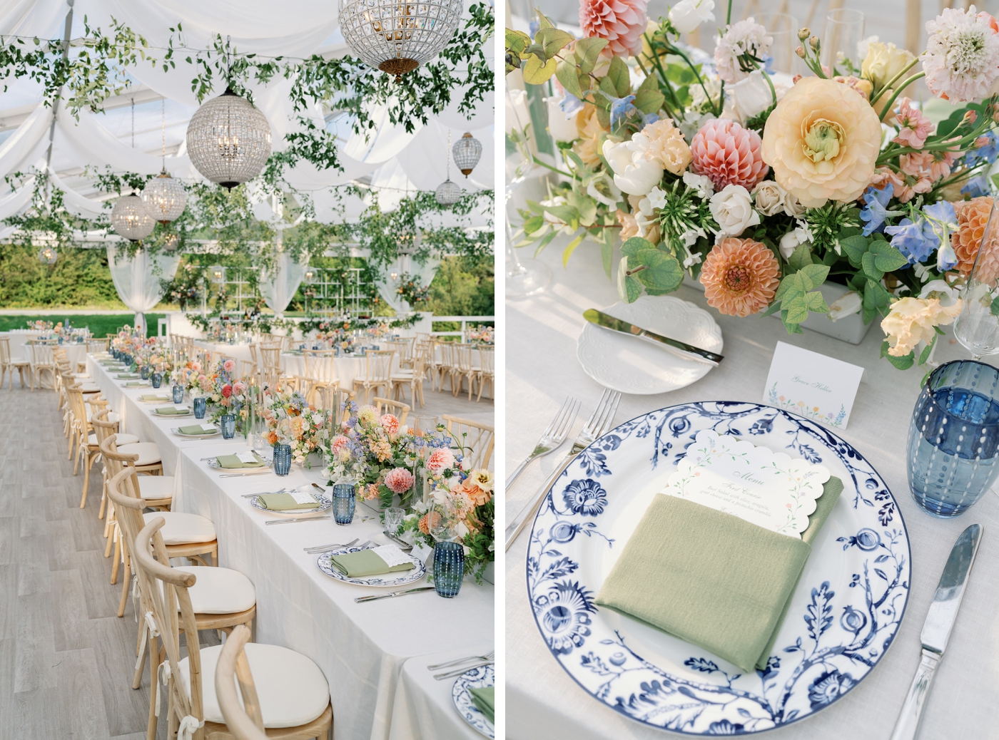 A place setting with a blue and white plate at a tented wedding reception in Maine